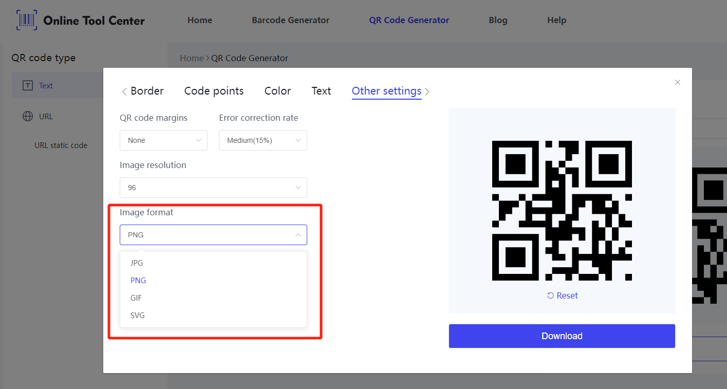 Options de format d'image QR code.Png