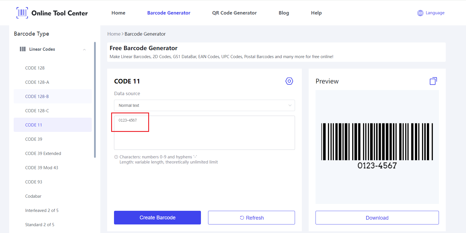 Entrez des données sur Code 11 Barcode generator.png