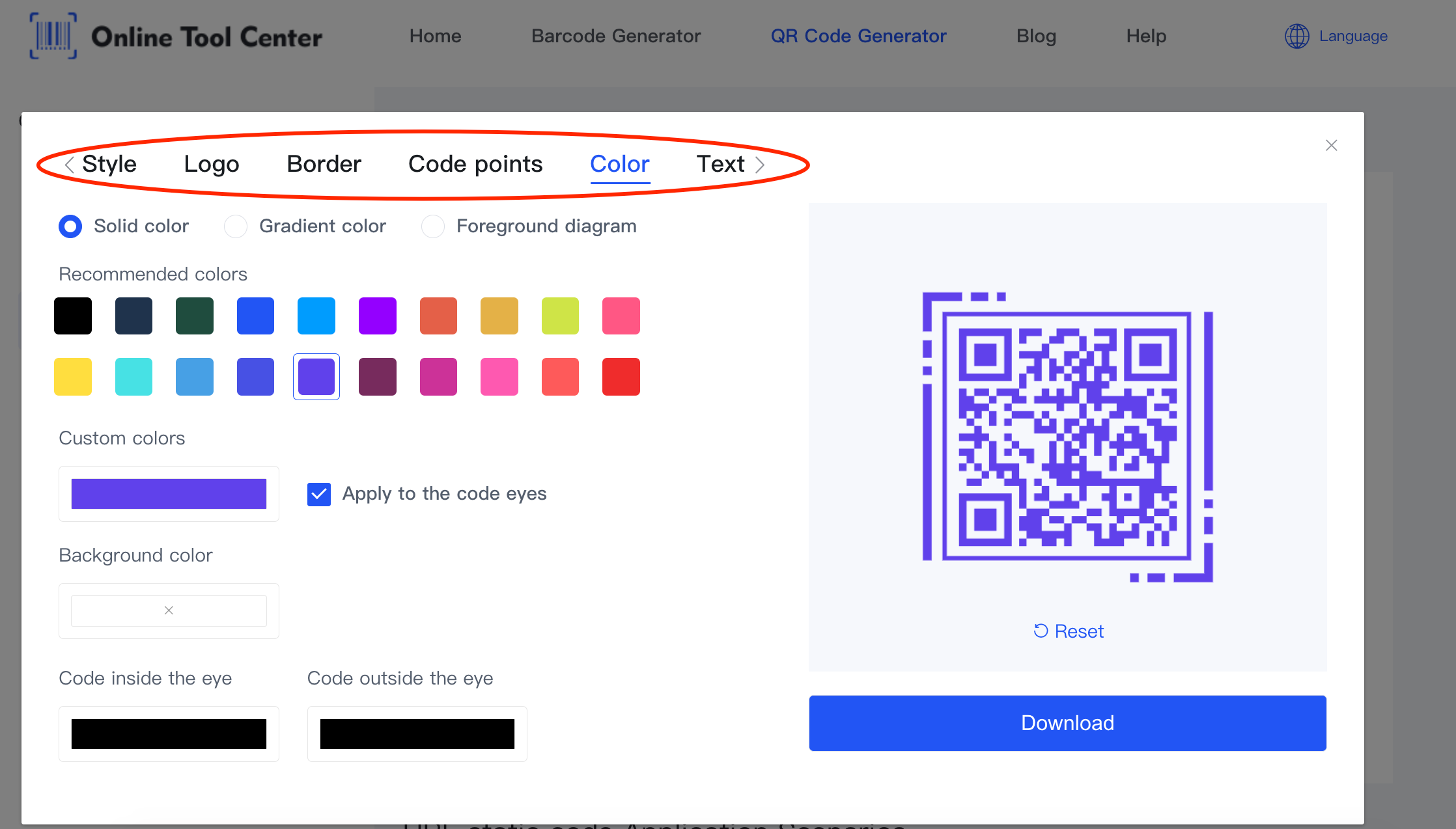 Options de personnalisation dans QR code generator.png