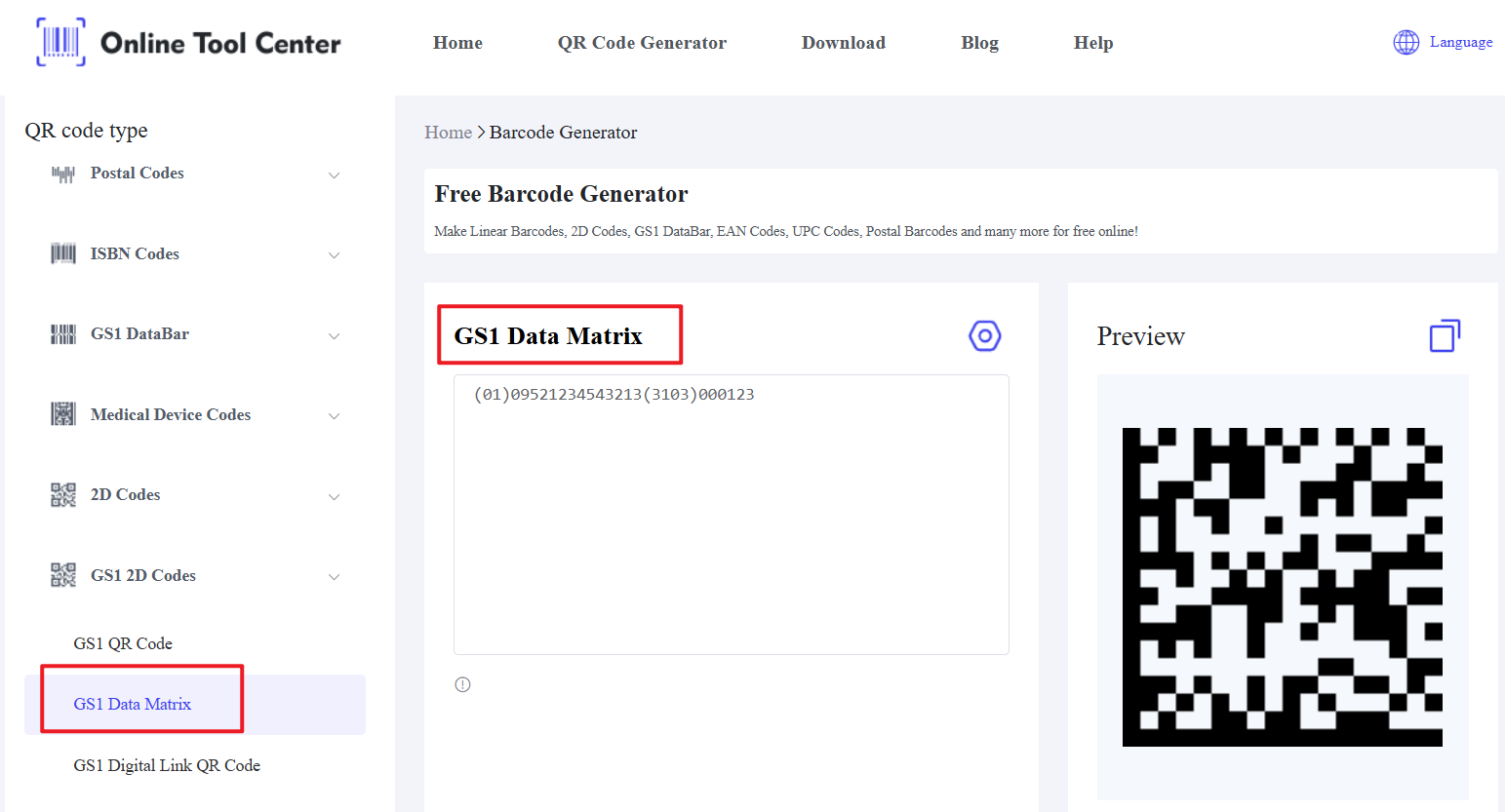 Générateur de codes à barres GS1 Data Matrix