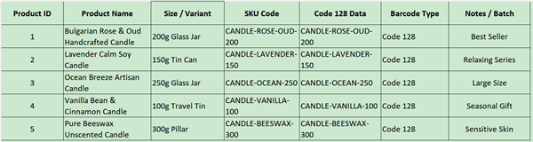 savon produit code &agrave; barres excel