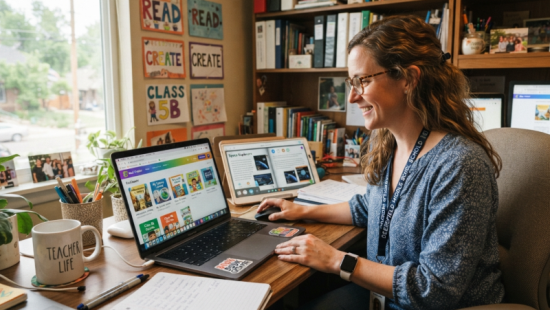 teacher using book creator tool enseignant en utilisant l'outil de création de livres