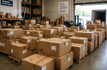 produits emball&eacute;s dans des bo&icirc;tes ondul&eacute;es pr&ecirc;tes pour l'exp&eacute;dition